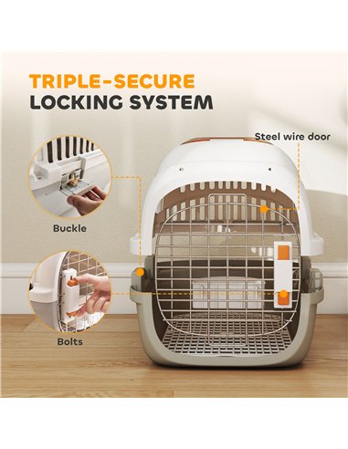 PawHut Plastic Pet Carrier Hard Shell Dog Cat Carrier Max 4 KG Steel Door Feed Bowl Secure Lock 49 x 32 x 31 cm