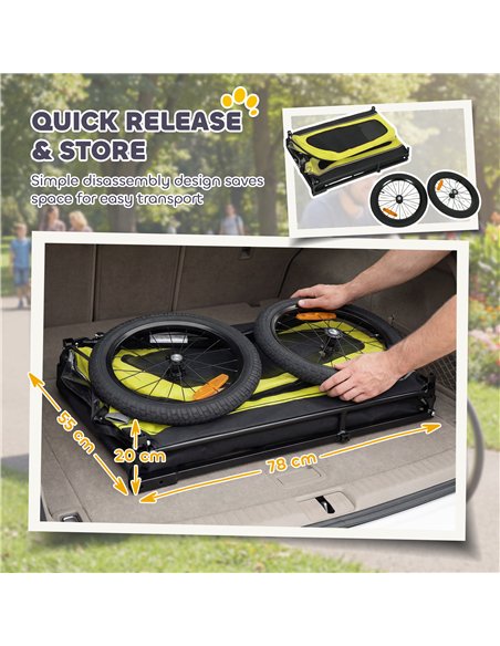 PawHut Dog Bike Trailer with Flip-Down Ramp Tailgate, Quick Release Frame, Universal Bicycle Coupler, Reflectors, Yellow - pic 195030 | FastDaddyshop