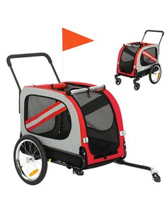 PawHut 2-In-1 Dog Bike Trailer Pet Stroller with Universal Wheel Reflector Flag Red