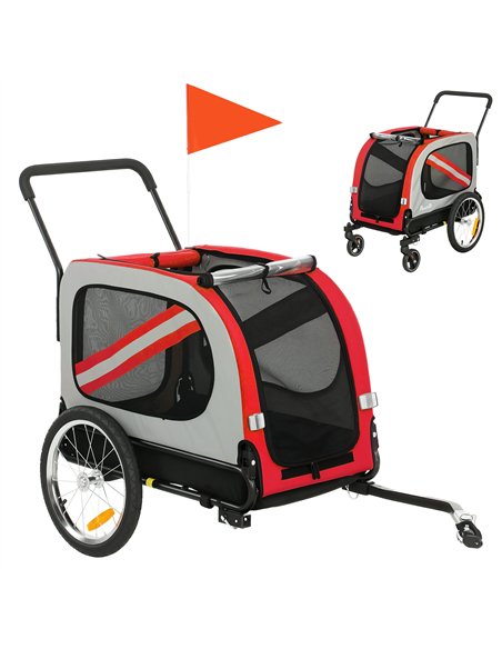PawHut 2-In-1 Dog Bike Trailer Pet Stroller with Universal Wheel Reflector Flag Red - pic 195033 | FastDaddyshop
