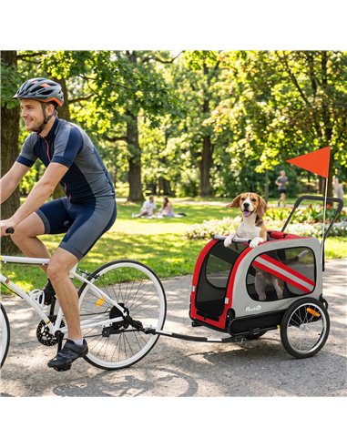 PawHut 2-In-1 Dog Bike Trailer Pet Stroller with Universal Wheel Reflector Flag Red