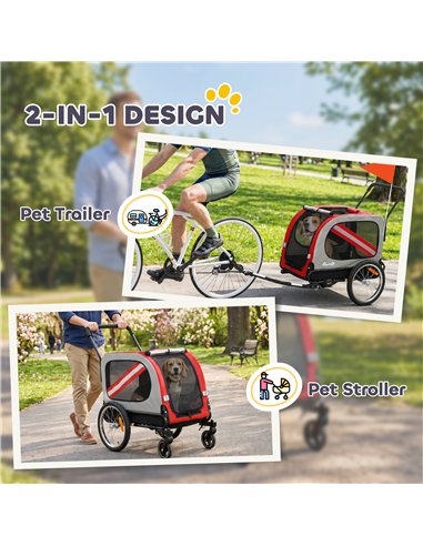 PawHut 2-In-1 Dog Bike Trailer Pet Stroller with Universal Wheel Reflector Flag Red
