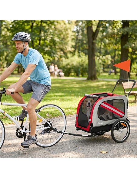 PawHut 2-In-1 Dog Bike Trailer Pet Stroller with Universal Wheel Reflector Flag Red - pic 195040 | FastDaddyshop
