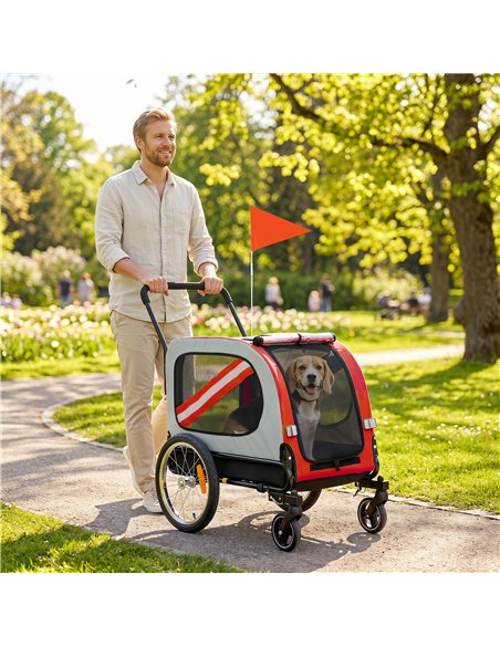 PawHut 2-In-1 Dog Bike Trailer Pet Stroller with Universal Wheel Reflector Flag Red - pic 195041 | FastDaddyshop
