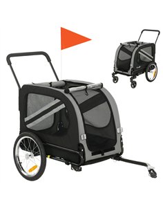 PawHut 2-In-1 Pet Bike Trailer Dog Stroller Pushchair with Universal Wheel Reflector Flag Grey