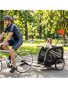PawHut 2-In-1 Pet Bike Trailer Dog Stroller Pushchair with Universal Wheel Reflector Flag Grey 2