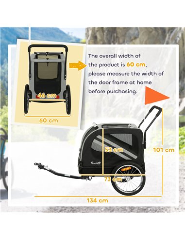 PawHut 2-In-1 Pet Bike Trailer Dog Stroller Pushchair with Universal Wheel Reflector Flag Grey