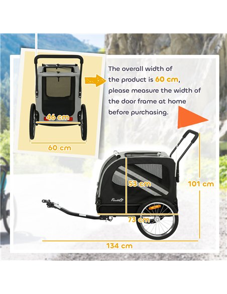 PawHut 2-In-1 Pet Bike Trailer Dog Stroller Pushchair with Universal Wheel Reflector Flag Grey - pic 195044 | FastDaddyshop