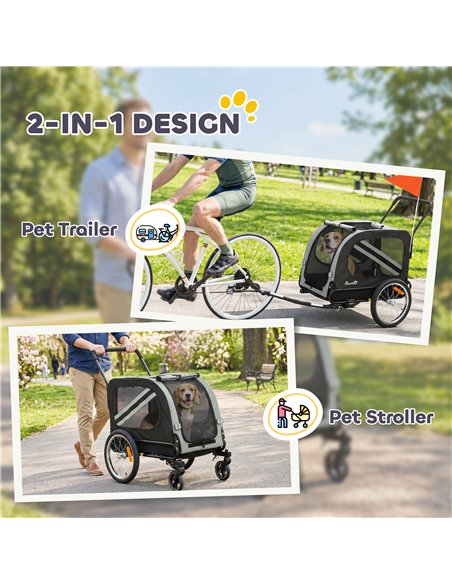 PawHut 2-In-1 Pet Bike Trailer Dog Stroller Pushchair with Universal Wheel Reflector Flag Grey - pic 195045 | FastDaddyshop