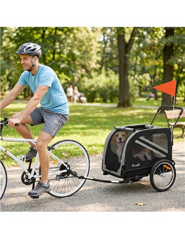 PawHut 2-In-1 Pet Bike Trailer Dog Stroller Pushchair with Universal Wheel Reflector Flag Grey