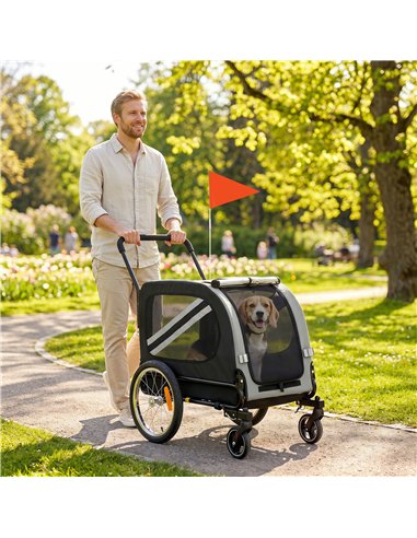 PawHut 2-In-1 Pet Bike Trailer Dog Stroller Pushchair with Universal Wheel Reflector Flag Grey
