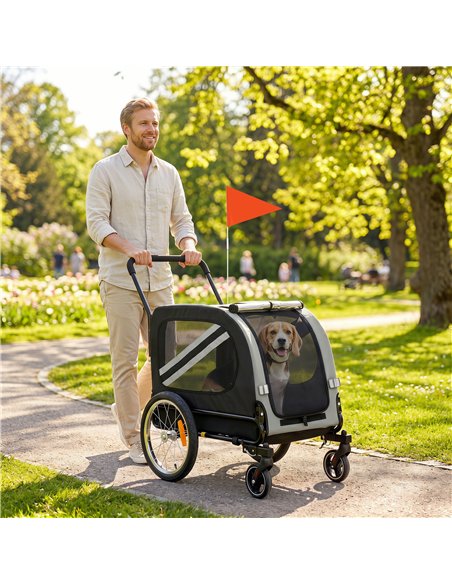 PawHut 2-In-1 Pet Bike Trailer Dog Stroller Pushchair with Universal Wheel Reflector Flag Grey - pic 195050 | FastDaddyshop