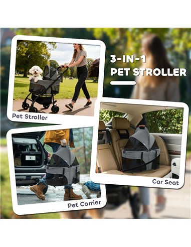 PawHut Pet Stroller, Foldable Dog Cat Stroller with Detachable Carrier, Wheels, Storage Basket, Secure Leash