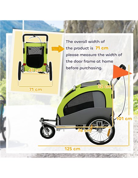 PawHut 2 in 1 Dog Bike Trailer, Foldable Pet Stroller, Dog Bicycle Trailer with Suspension, for Medium Dogs up to 20kg, Green - pic 195062 | FastDaddyshop