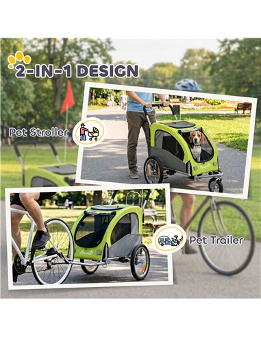 PawHut 2 in 1 Dog Bike Trailer, Foldable Pet Stroller, Dog Bicycle Trailer with Suspension, for Medium Dogs up to 20kg, Green