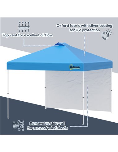 Outsunny 3x(3)M Pop Up Gazebo Tent with 1 Sidewall, Roller Bag, Adjustable Height, Event Shelter Tent for Garden, Patio, Blue
