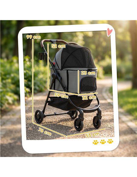 PawHut Dog Stroller, 3 in 1 Foldable Pet Stroller for Small Puppy Cat with Detachable Travel Carrier, Storage Basket, Grey - pic 195071 | FastDaddyshop