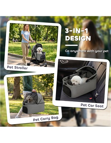 PawHut Dog Stroller, 3 in 1 Foldable Pet Stroller for Small Puppy Cat with Detachable Travel Carrier, Storage Basket, Grey