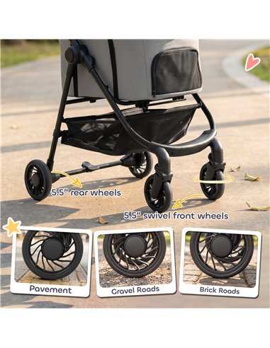 PawHut Dog Stroller, 3 in 1 Foldable Pet Stroller for Small Puppy Cat with Detachable Travel Carrier, Storage Basket, Grey