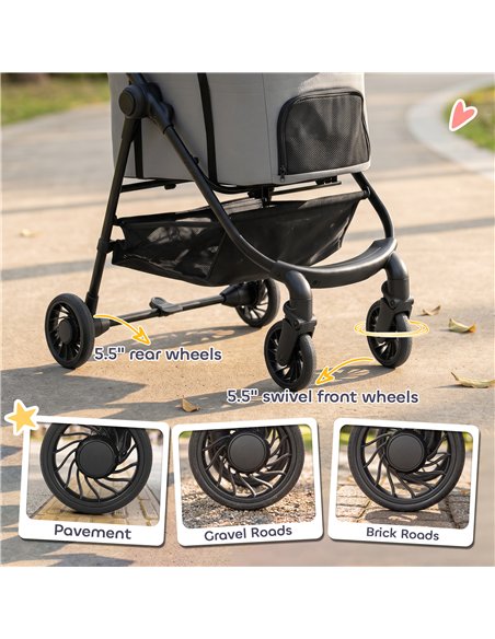PawHut Dog Stroller, 3 in 1 Foldable Pet Stroller for Small Puppy Cat with Detachable Travel Carrier, Storage Basket, Grey - pic 195075 | FastDaddyshop