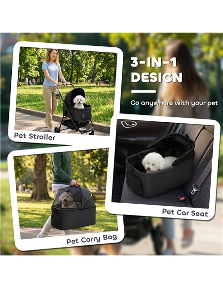 PawHut Dog Stroller, 3 in 1 Foldable Pet Stroller for Small Puppy Cat with Detachable Travel Carrier, Storage Basket, Black - pic 195082 | FastDaddyshop