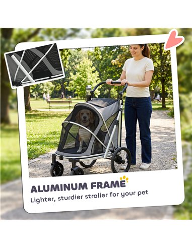 PawHut Dog Stroller, Easy Folding Pet Stroller for Small and Medium Dogs with Shock Absorption, Maximum Load 20 kg, Grey
