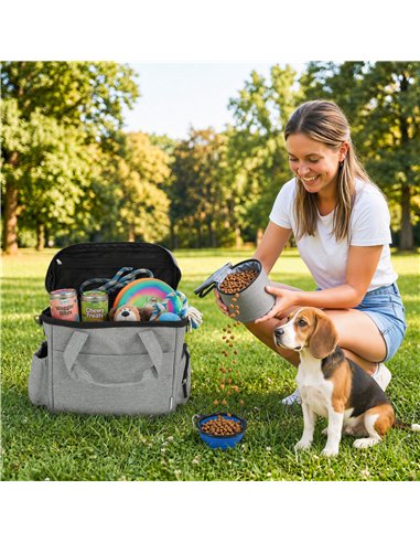 PawHut Dog Travel Bag, Waterproof Walking Bag with Multiple Pockets, Two Food Containers and Collapsible Bowl for Cat Puppy