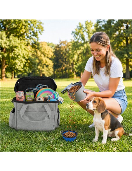 PawHut Dog Travel Bag, Waterproof Walking Bag with Multiple Pockets, Two Food Containers and Collapsible Bowl for Cat Puppy - pic 195106 | FastDaddyshop