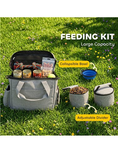 PawHut Dog Travel Bag, Waterproof Walking Bag with Multiple Pockets, Two Food Containers and Collapsible Bowl for Cat Puppy