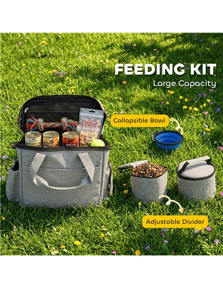 PawHut Dog Travel Bag, Waterproof Walking Bag with Multiple Pockets, Two Food Containers and Collapsible Bowl for Cat Puppy - pic 195108 | FastDaddyshop