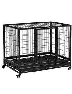 PawHut 43" Heavy Duty Metal Dog Crate Pet Cage with Tray Wheeled Dog Kennel - Black (Large)