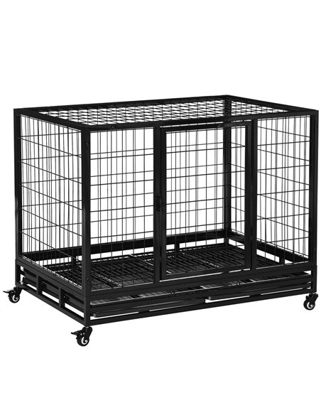 PawHut 43" Heavy Duty Metal Dog Crate Pet Cage with Tray Wheeled Dog Kennel - Black (Large) - pic 195114 | FastDaddyshop