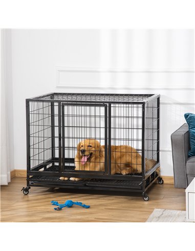PawHut 43" Heavy Duty Metal Dog Crate Pet Cage with Tray Wheeled Dog Kennel - Black (Large)
