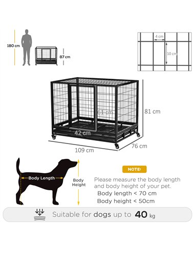 PawHut 43" Heavy Duty Metal Dog Crate Pet Cage with Tray Wheeled Dog Kennel - Black (Large)
