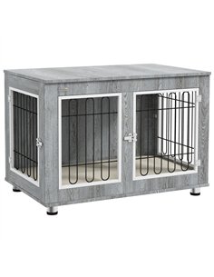 PawHut Dog Crate Furniture End Table, with Washable Cushion, Double Doors, for Medium/Large Dogs, Grey