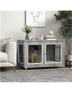 PawHut Dog Crate Furniture End Table, with Washable Cushion, Double Doors, for Medium/Large Dogs, Grey 2