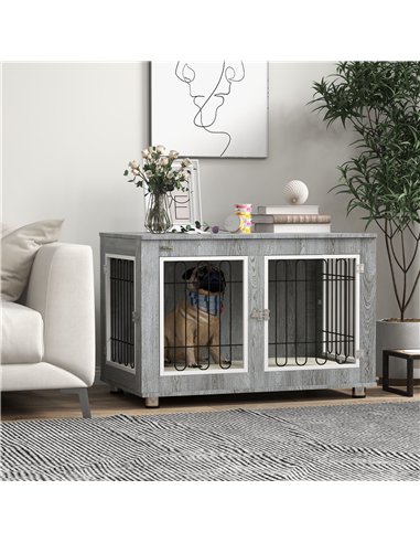 PawHut Dog Crate Furniture End Table, with Washable Cushion, Double Doors, for Medium/Large Dogs, Grey