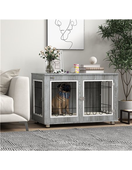 PawHut Dog Crate Furniture End Table, with Washable Cushion, Double Doors, for Medium/Large Dogs, Grey - pic 195124 | FastDaddyshop