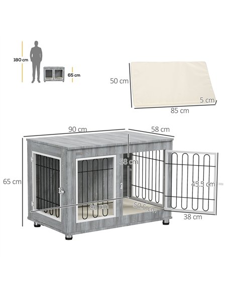 PawHut Dog Crate Furniture End Table, with Washable Cushion, Double Doors, for Medium/Large Dogs, Grey - pic 195125 | FastDaddyshop