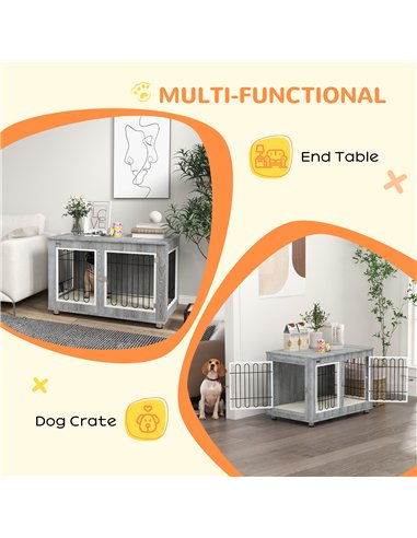 PawHut Dog Crate Furniture End Table, with Washable Cushion, Double Doors, for Medium/Large Dogs, Grey