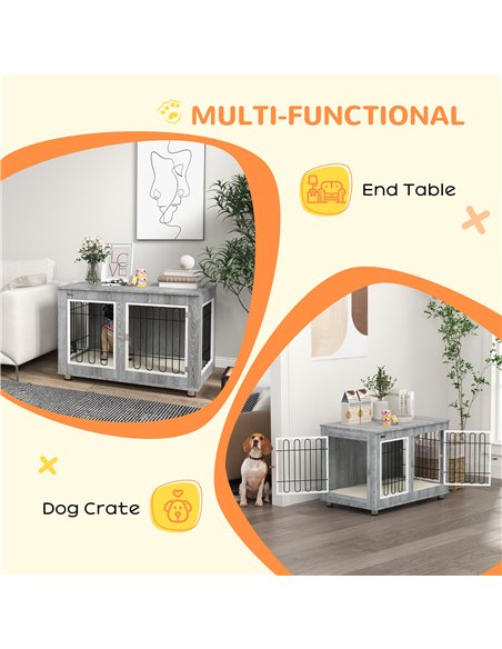 PawHut Dog Crate Furniture End Table, with Washable Cushion, Double Doors, for Medium/Large Dogs, Grey - pic 195127 | FastDaddyshop