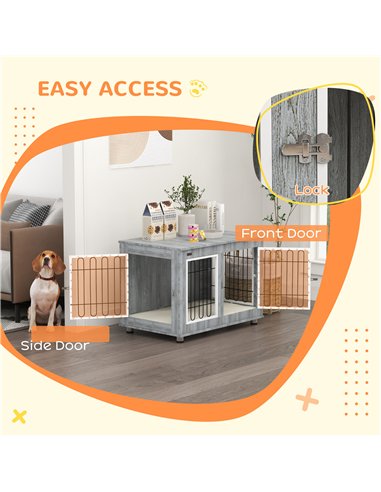 PawHut Dog Crate Furniture End Table, with Washable Cushion, Double Doors, for Medium/Large Dogs, Grey