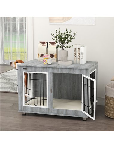PawHut Dog Crate Furniture End Table, with Washable Cushion, Double Doors, for Medium/Large Dogs, Grey