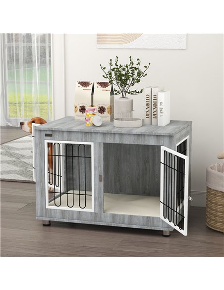 PawHut Dog Crate Furniture End Table, with Washable Cushion, Double Doors, for Medium/Large Dogs, Grey - pic 195130 | FastDaddyshop