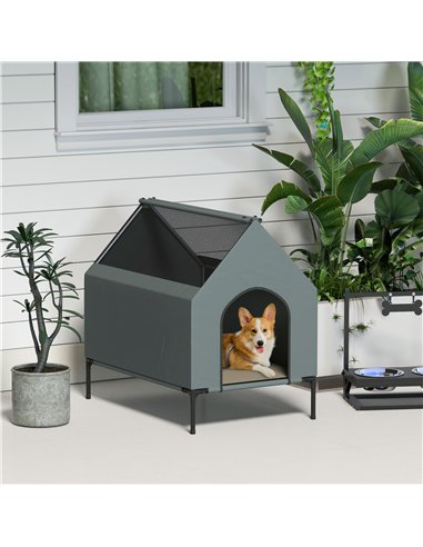 PawHut Dog House Outdoor Elevated Dog Bed with Removable Cover, Mesh Windows, Storage Bag, for S and M-Sized Dogs, Grey