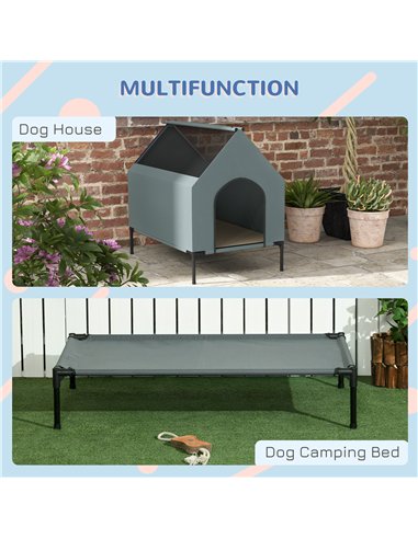 PawHut Dog House Outdoor Elevated Dog Bed with Removable Cover, Mesh Windows, Storage Bag, for S and M-Sized Dogs, Grey