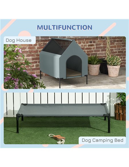 PawHut Dog House Outdoor Elevated Dog Bed with Removable Cover, Mesh Windows, Storage Bag, for S and M-Sized Dogs, Grey - pic 195136 | FastDaddyshop