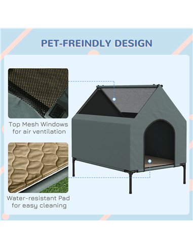 PawHut Dog House Outdoor Elevated Dog Bed with Removable Cover, Mesh Windows, Storage Bag, for S and M-Sized Dogs, Grey