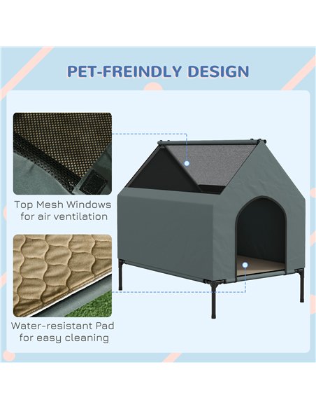 PawHut Dog House Outdoor Elevated Dog Bed with Removable Cover, Mesh Windows, Storage Bag, for S and M-Sized Dogs, Grey - pic 195137 | FastDaddyshop