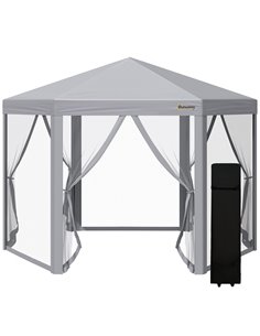 Outsunny 3x3m Pop Up Hexagonal Gazebo with Mesh Sidewall, Roller Bag, Grey